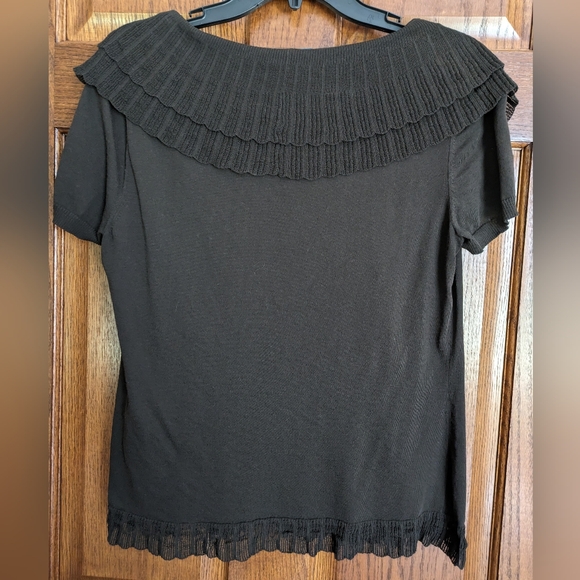 Lafayette 148 New York Dark Chocolate Ruffle Collar Short Sleeve Sweater - Picture 7 of 7